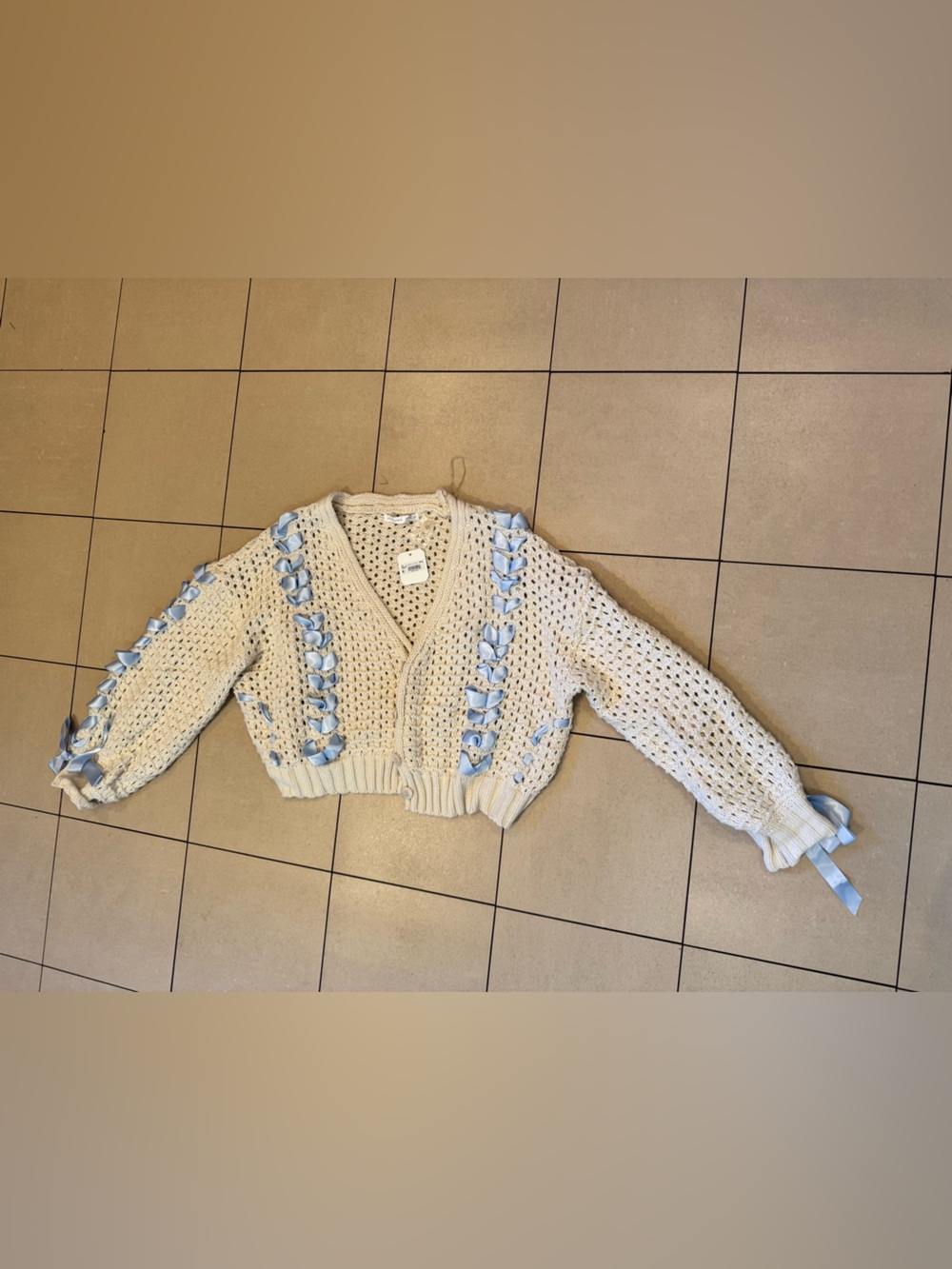 Altar’d State Women’s Cream Knit Cardigan with Blue Ribbon Detail